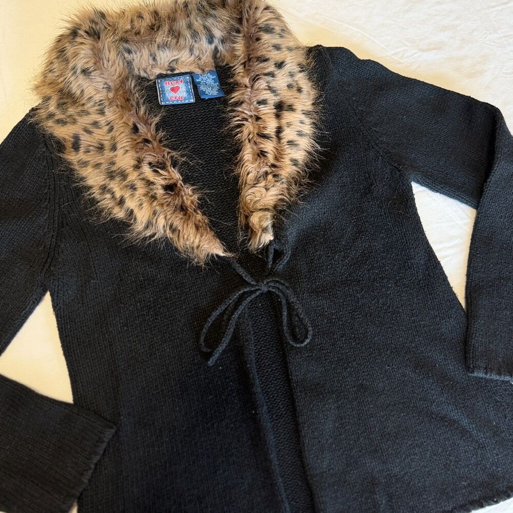 Vtg Y2K Next Era Faux Fur Collar Black Knit Tie Front Cardigan Sweater L Bratz